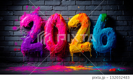 A wall with the numbers 2026 in large, colorful, dripping paint 132032483