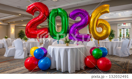 A table with a bunch of balloons in the shape of the number 2026 A table with a bunch of balloons in the shape of the number 2026 132032491