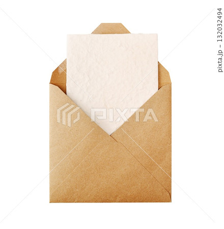 Brown kraft envelope mockup presenting blank textured paper card for personalized message, transparent background Brown kraft envelope mockup presenting blank textured paper card for personalized message, transparent background 132032494