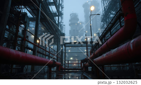 A large industrial area with pipes and lights in the fog 132032625