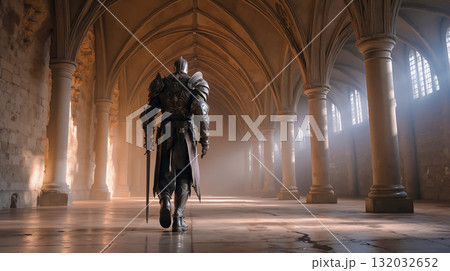A man in armor walking through an old building with columns A man in armor walking through an old building with columns 132032652