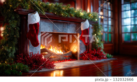 A fireplace with stockings hanging from the mantle in front of a fireplace 132032666
