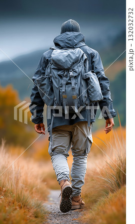 A man with a backpack walking down a dirt road 132032732