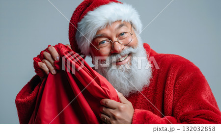 A man in a santa claus outfit holding a red bag of presents A man in a santa claus outfit holding a red bag of presents 132032858