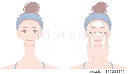 ヘアバンドをつけて洗顔をしている女性のイラスト 132033121