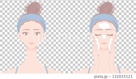 ヘアバンドをつけて洗顔をしている女性のイラスト 132033121