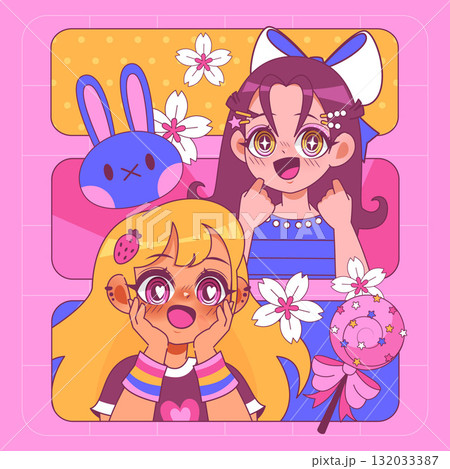 Dual character composition of anime girls and...のイラスト素材 [132033387] - PIXTA
