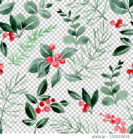 Seamless Christmas pattern. Watercolor print with Christmas plants, fir branches, eucalyptus, and red berries. 132033616