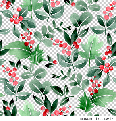 Seamless Christmas pattern. Watercolor print with Christmas plants, fir branches, eucalyptus, and red berries. 132033617
