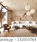Boho chic living room with pampas and pendant lights 132033764