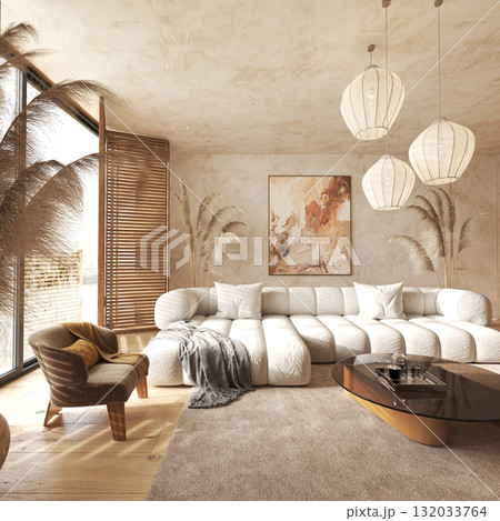 Boho chic living room with pampas and pendant lights 132033764