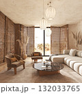 Warm boho living room with wooden shutters 132033765