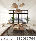 Minimalist living room with panoramic mountain view and woven lighting 132033766