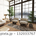 Cozy reading nook with mountain view and natural light 132033767