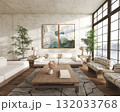 Modern living room with abstract art and mountain view 132033768