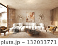 Boho neutral living room with abstract art 132033771
