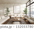Minimalist living room with blank canvas and mountain view 132033780