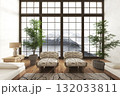 Scenic lounge corner with mountain view and modern armchairs 132033811