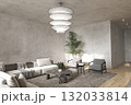 Minimalist lounge with sculptural pendant light 132033814