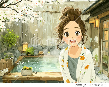 美優シリーズ:春の温泉でリラックスする美優、正面 美優シリーズ:春の温泉でリラックスする美優、正面 132034002