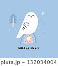 Cute Snowy Owl Illustration, Nordic Wild at Heart Kids Poster, Scandinavian Animal Art on Blue Background 132034004