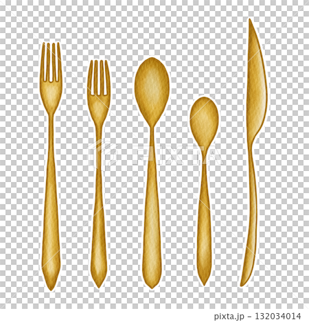 Watercolor Illustration of Gold Cutlery Set Isolated on White Background 132034014