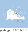 Adorable Hand-Drawn Walrus and Stars Print for Kids' Decor. Cute Walrus Illustration. 132034015