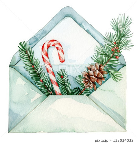 Watercolor illustration of an envelope with candy cane, pinecone, and evergreen branches inside Watercolor illustration of an envelope with candy cane, pinecone, and evergreen branches inside 132034032