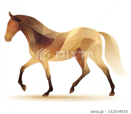 Abstract illustration of a horse in motion with geometric shapes and warm color palette 132034038