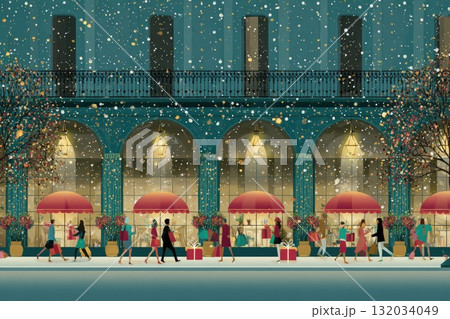 Festive winter scene with people shopping under colorful umbrellas in a charming urban setting Festive winter scene with people shopping under colorful umbrellas in a charming urban setting 132034049