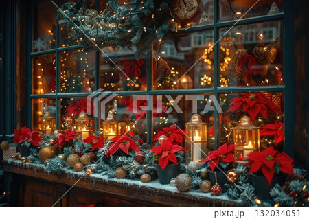 Festive window display adorned with red poinsettias, lanterns, and twinkling lights for holiday cheer Festive window display adorned with red poinsettias, lanterns, and twinkling lights for holiday cheer 132034051