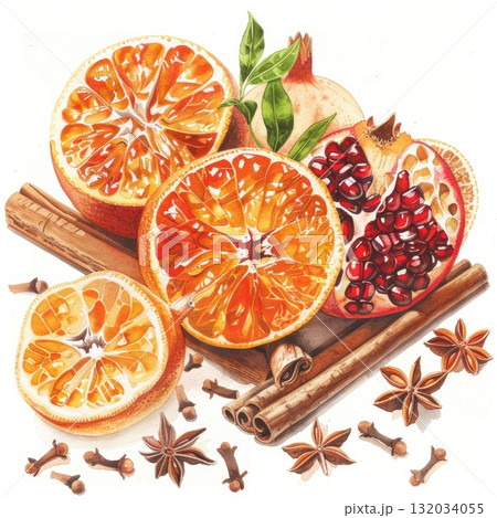 Vibrant illustration of citrus fruits, pomegranate, and spices arranged artistically on a surface Vibrant illustration of citrus fruits, pomegranate, and spices arranged artistically on a surface 132034055