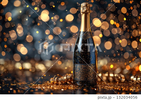 Sparkling champagne bottle surrounded by festive bokeh lights and golden decorations for celebration 132034056