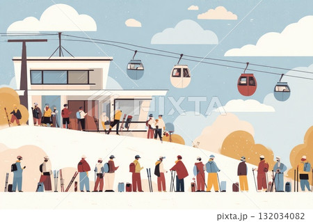 Colorful illustration of skiers waiting in line at a mountain resort with gondola lifts overhead 132034082