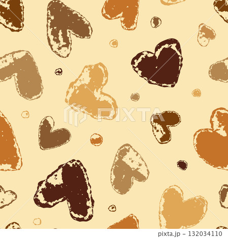Seamless vector pattern with cozy brown hearts and dots on creamy yellow background for kitchen design Seamless vector pattern with cozy brown hearts and dots on creamy yellow background for kitchen design 132034110