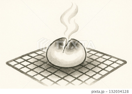 お餅シリーズ:墨絵風で描かれた焼き餅が膨らむイラスト お餅シリーズ:墨絵風で描かれた焼き餅が膨らむイラスト 132034128