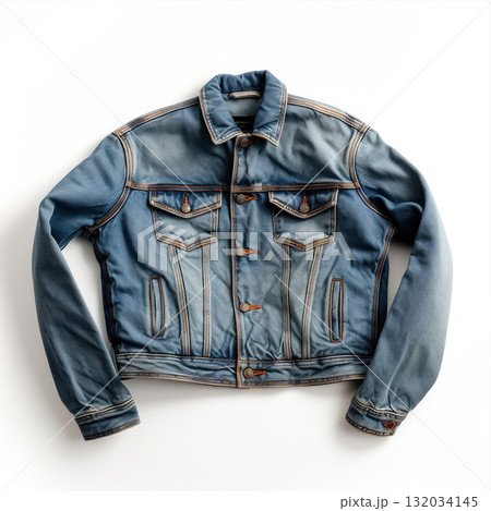 Studio shot of a stylish blue denim jacket with contrasting orange stitching, showcasing its unique design and texture against a clean white backdrop, ideal for fashion and apparel projects Studio shot of a stylish blue denim jacket with contrasting orange stitching, showcasing its unique design and texture against a clean white backdrop, ideal for fashion and apparel projects 132034145