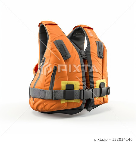 Orange life jacket on white background Orange life jacket on white background 132034146