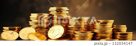 Golden Coins Stacked in Towering Piles, Symbolizing Prosperity and Financial Abundance on black background 132034147