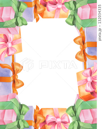 Restangular vertical frame of gift boxes. For fabric, wallpaper, packing paper, greeting cards, design, decoration and illustration. Restangular vertical frame of gift boxes. For fabric, wallpaper, packing paper, greeting cards, design, decoration and illustration. 132034335