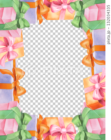 Restangular vertical frame of gift boxes. For fabric, wallpaper, packing paper, greeting cards, design, decoration and illustration. 132034335