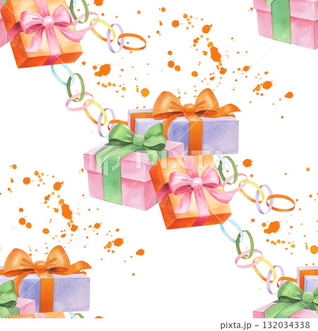 Seamless pattern of gifts boxes, garland and orange watercolor splashes. Watercolor illustration. For fabric, wallpaper, packing paper, greeting cards, design, decoration and illustration. 132034338
