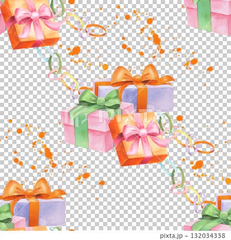 Seamless pattern of gifts boxes, garland and orange watercolor splashes. Watercolor illustration. For fabric, wallpaper, packing paper, greeting cards, design, decoration and illustration. 132034338