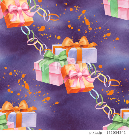 Seamless pattern of gifts boxes, garland and orange watercolor splashes. Watercolor illustration. For fabric, wallpaper, packing paper, greeting cards, design, decoration and illustration. 132034341