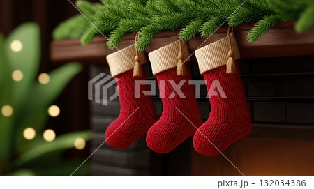 Three red Christmas stockings hanging on a festive wooden mantel with green fir garland Three red Christmas stockings hanging on a festive wooden mantel with green fir garland 132034386