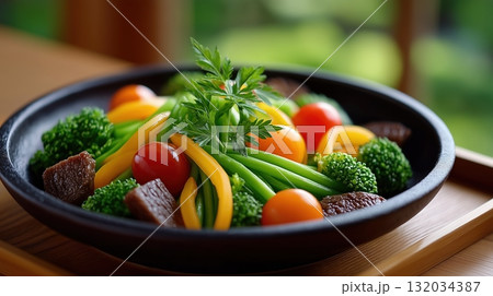 Vibrant and healthy mixed vegetable bowl featuring broccoli, green beans, tomatoes, bell pepper, and protein Vibrant and healthy mixed vegetable bowl featuring broccoli, green beans, tomatoes, bell pepper, and protein 132034387