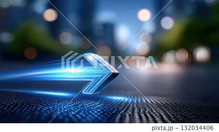 Dynamic Blue Arrow Symbolizing Progress and Speed in a Blurred Cityscape Dynamic Blue Arrow Symbolizing Progress and Speed in a Blurred Cityscape 132034406