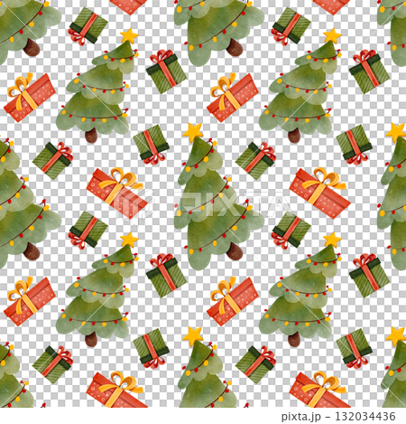 Seamless pattern with Christmas trees and gift boxes. Hand-drawn watercolor illustration. Suitable for holiday decorations, cards, and textiles. Seamless pattern with Christmas trees and gift boxes. Hand-drawn watercolor illustration. Suitable for holiday decorations, cards, and textiles. 132034436