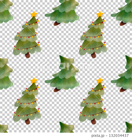 Seamless pattern with Christmas trees and festive garlands. Hand-drawn watercolor illustration. Perfect for holiday decorations, cards, and textiles. Seamless pattern with Christmas trees and festive garlands. Hand-drawn watercolor illustration. Perfect for holiday decorations, cards, and textiles. 132034437