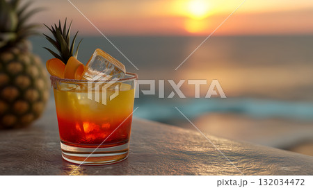 Tropical Sunset Layered Cocktail with Pineapple Garnish 132034472
